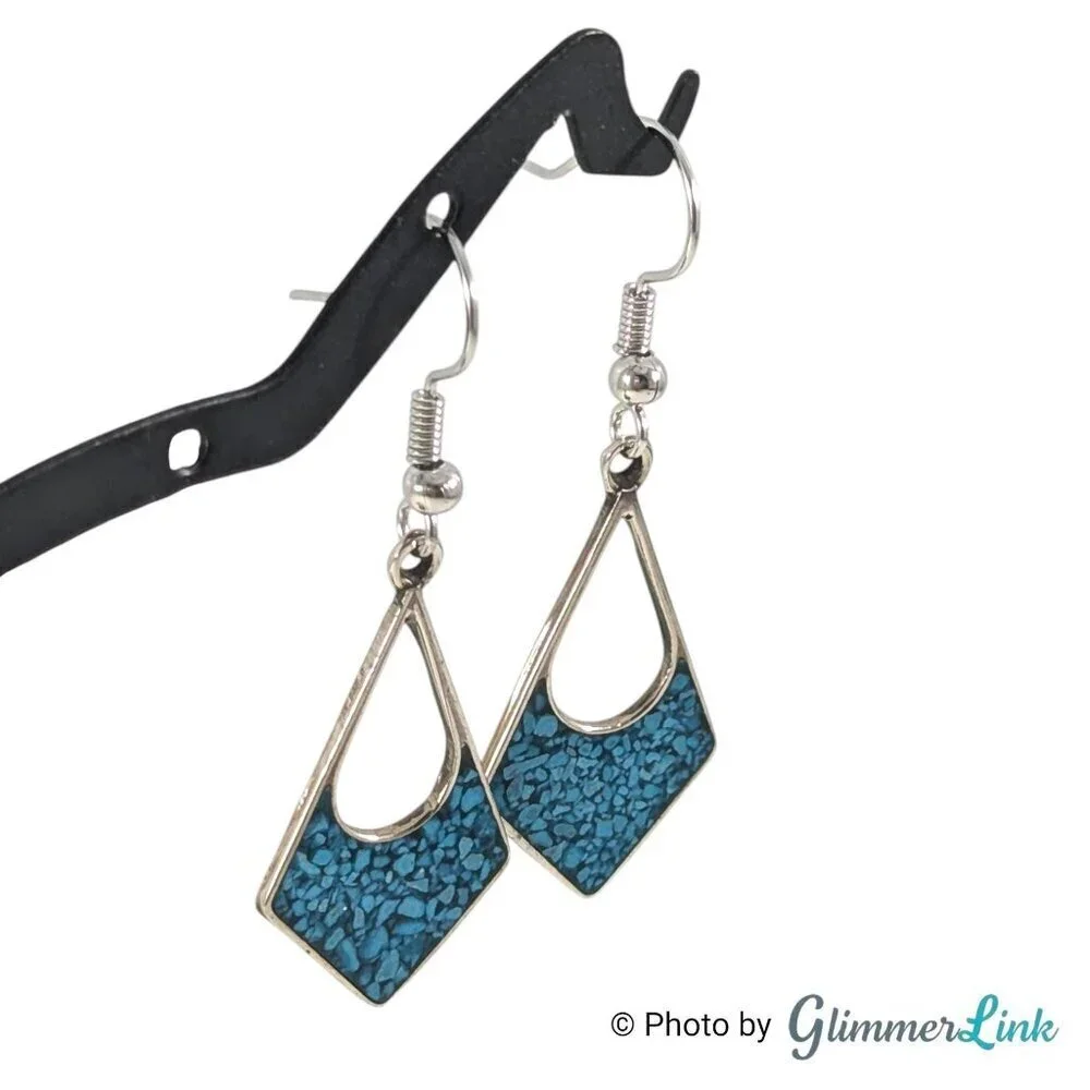 Vintage Mexican Alpaca Diamond Shape Blue Inlay Silver Tone Pierced Earrings